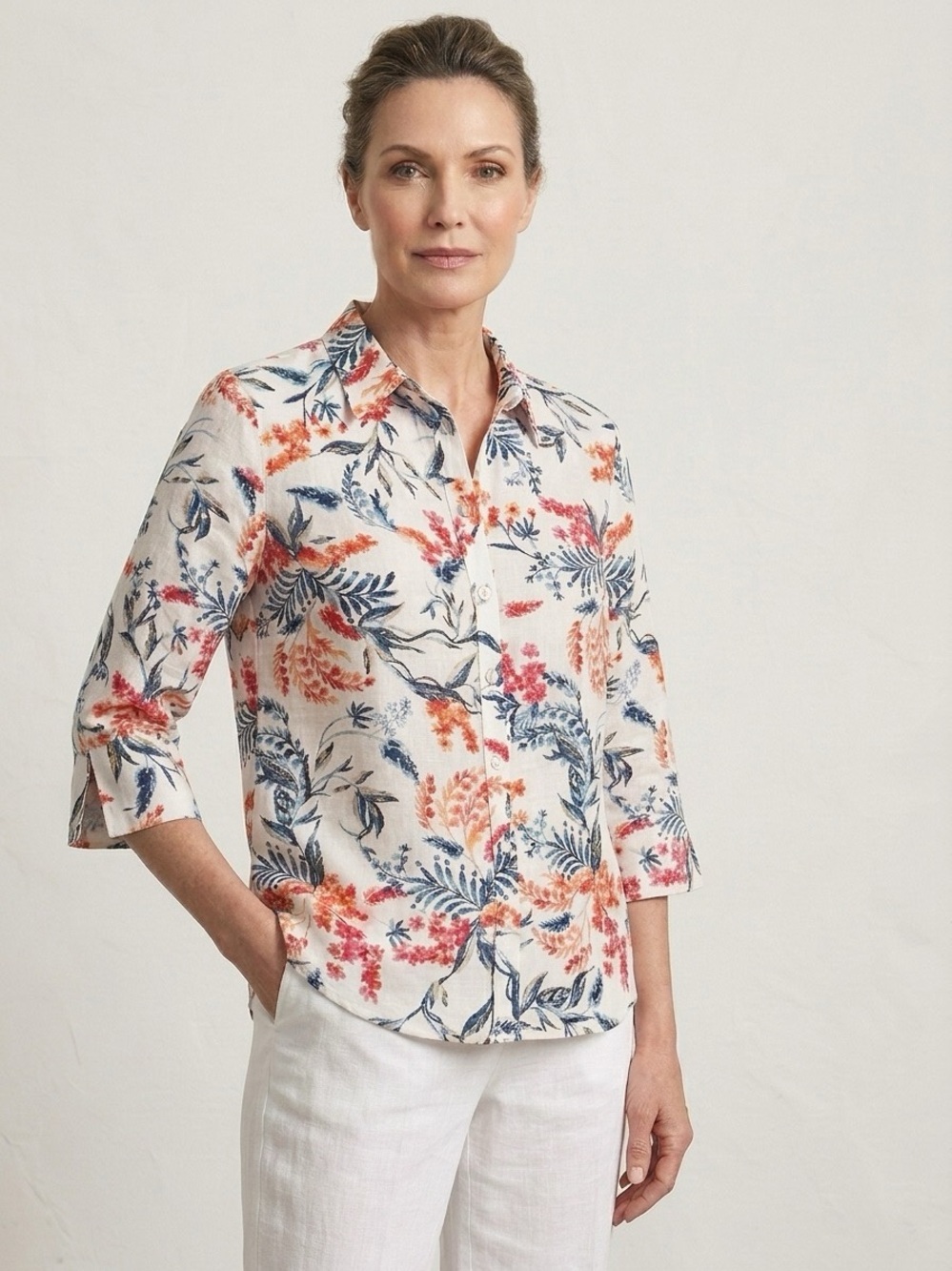 Chico’s women’s linen button front colorful shirt, 3/4 sleeves. Sz 1 fits Sz 8